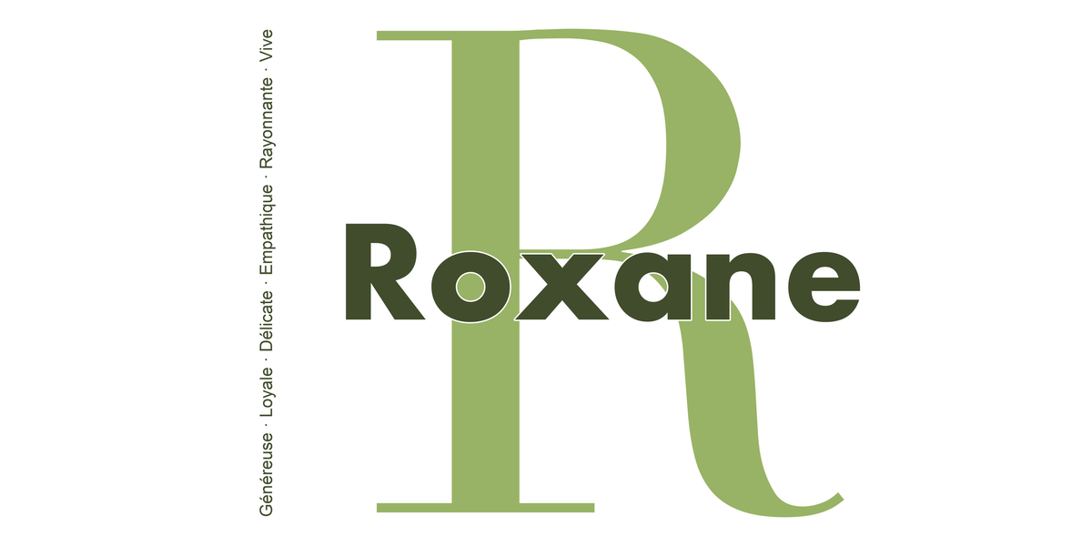 Visuel à plat du mug prénom Roxane : initiale R pleine hauteur, prénom Roxane centré et ligne verticale « Généreuse · Loyale · Délicate · Empathique · Rayonnante · Vive »