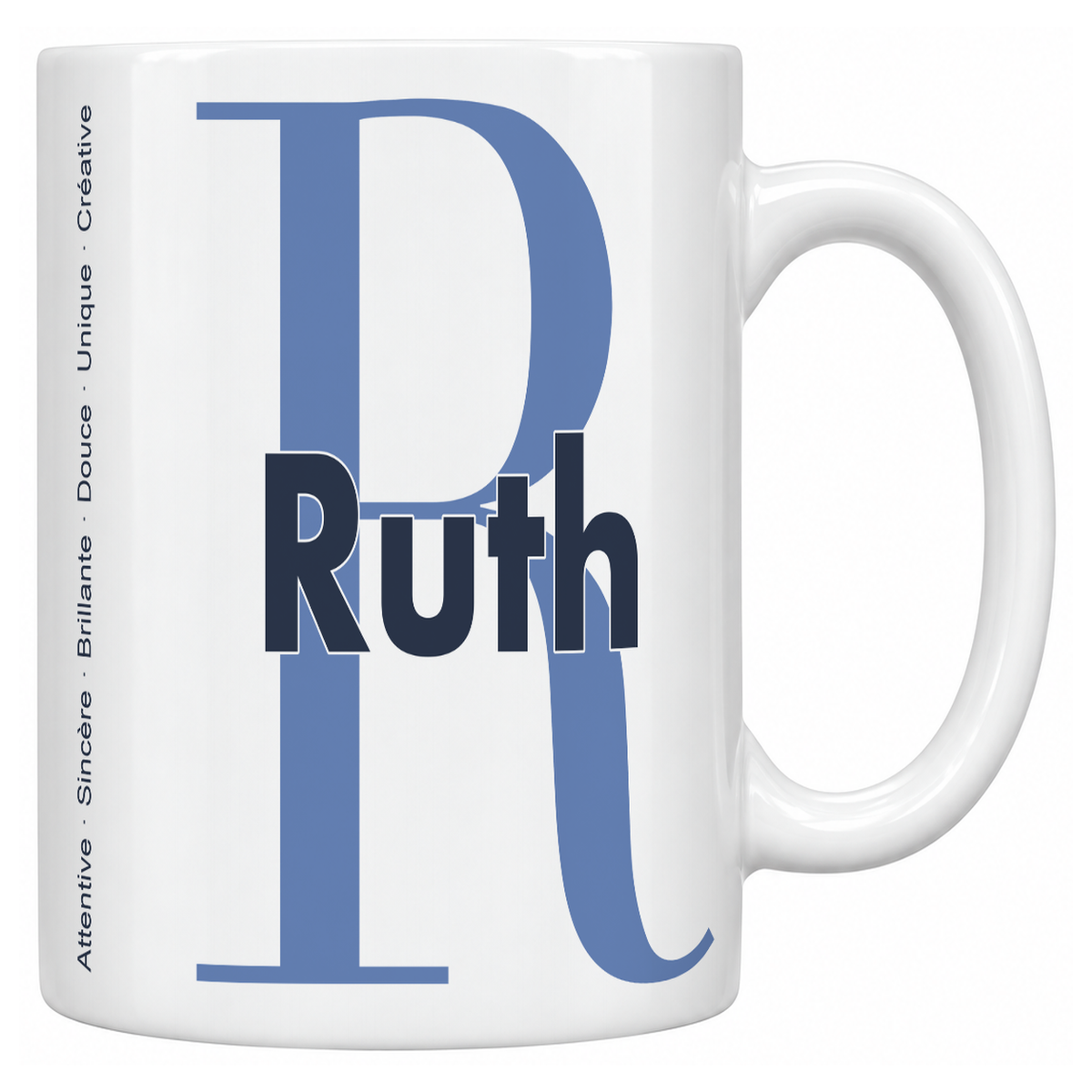 Mug blanc céramique 330 ml prénom Ruth : grande initiale R, prénom Ruth en lettres bold et six qualités verticales sur le côté