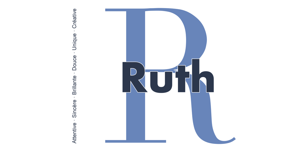 Visuel à plat du mug prénom Ruth : initiale R pleine hauteur, prénom Ruth centré et ligne verticale « Attentive · Sincère · Brillante · Douce · Unique · Créative »