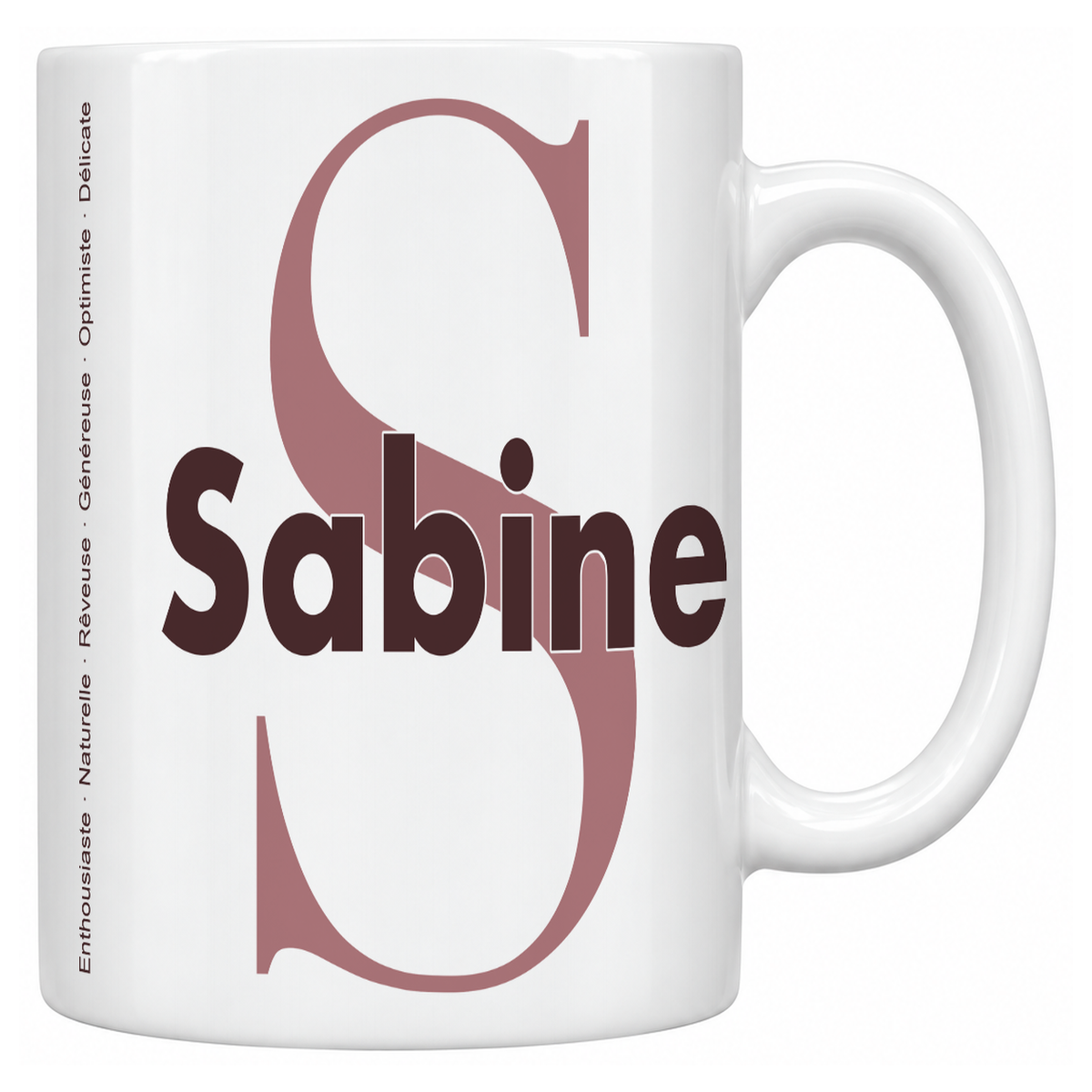 Mug blanc céramique 330 ml prénom Sabine : grande initiale S, prénom Sabine en lettres bold et six qualités verticales sur le côté