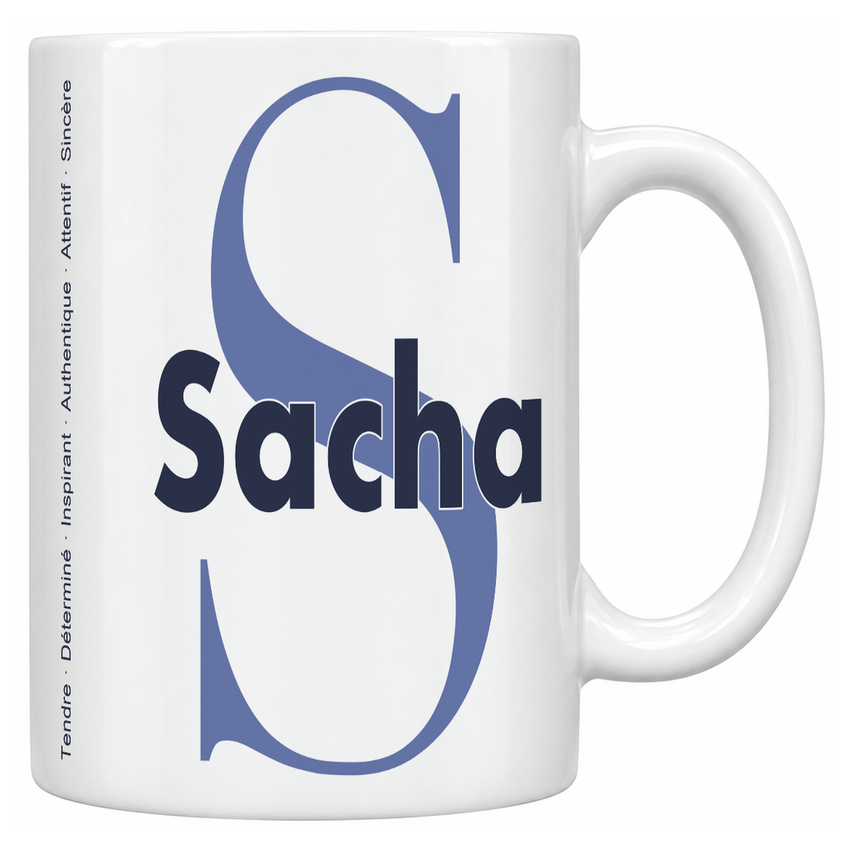 Mug blanc céramique 330 ml prénom Sacha : grande initiale S, prénom Sacha en lettres bold et six qualités verticales sur le côté