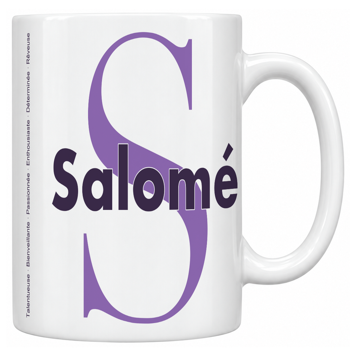 Mug blanc céramique 330 ml prénom Salomé : grande initiale S, prénom Salomé en lettres bold et six qualités verticales sur le côté