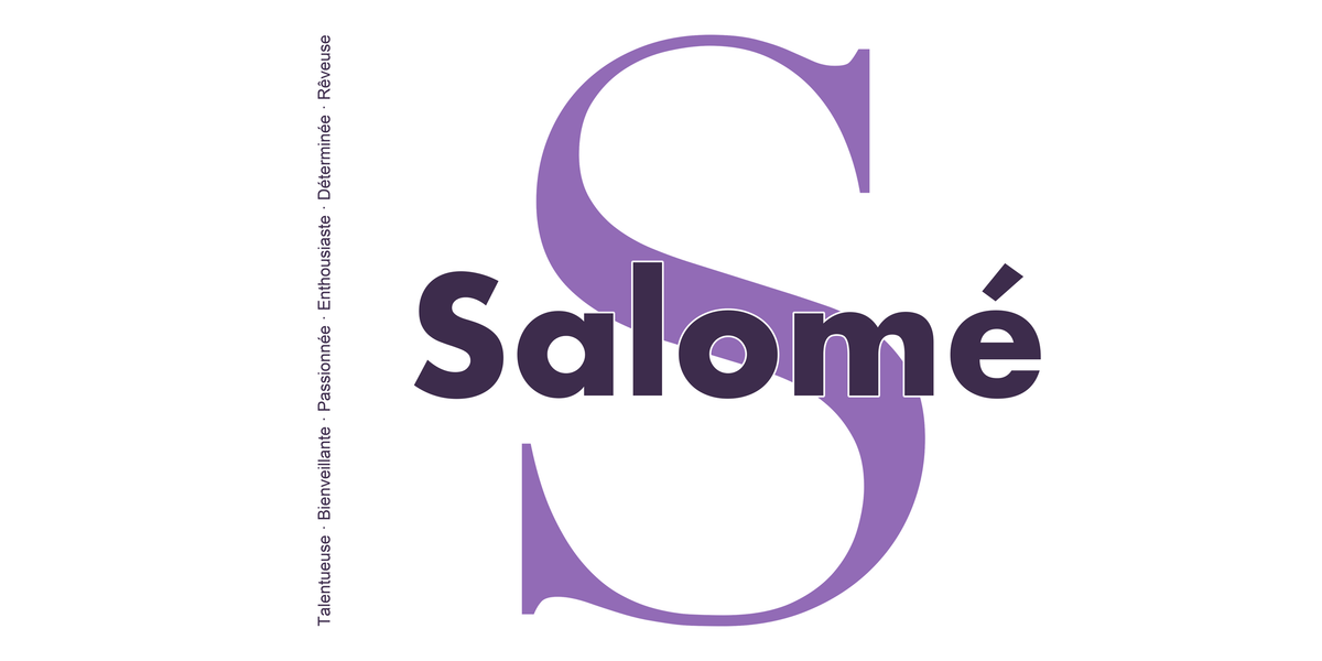 Visuel à plat du mug prénom Salomé : initiale S pleine hauteur, prénom Salomé centré et ligne verticale « Talentueuse · Bienveillante · Passionnée · Enthousiaste · Déterminée · Rêveuse »