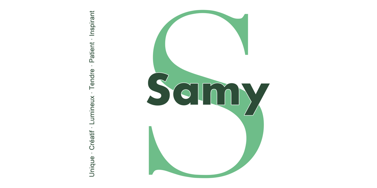 Visuel à plat du mug prénom Samy : initiale S pleine hauteur, prénom Samy centré et ligne verticale « Unique · Créatif · Lumineux · Tendre · Patient · Inspirant »
