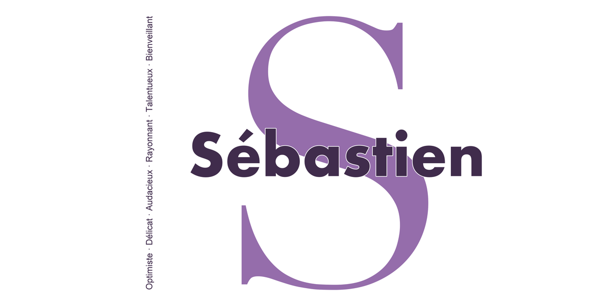 Visuel à plat du mug prénom Sébastien : initiale S pleine hauteur, prénom Sébastien centré et ligne verticale « Optimiste · Délicat · Audacieux · Rayonnant · Talentueux · Bienveillant »