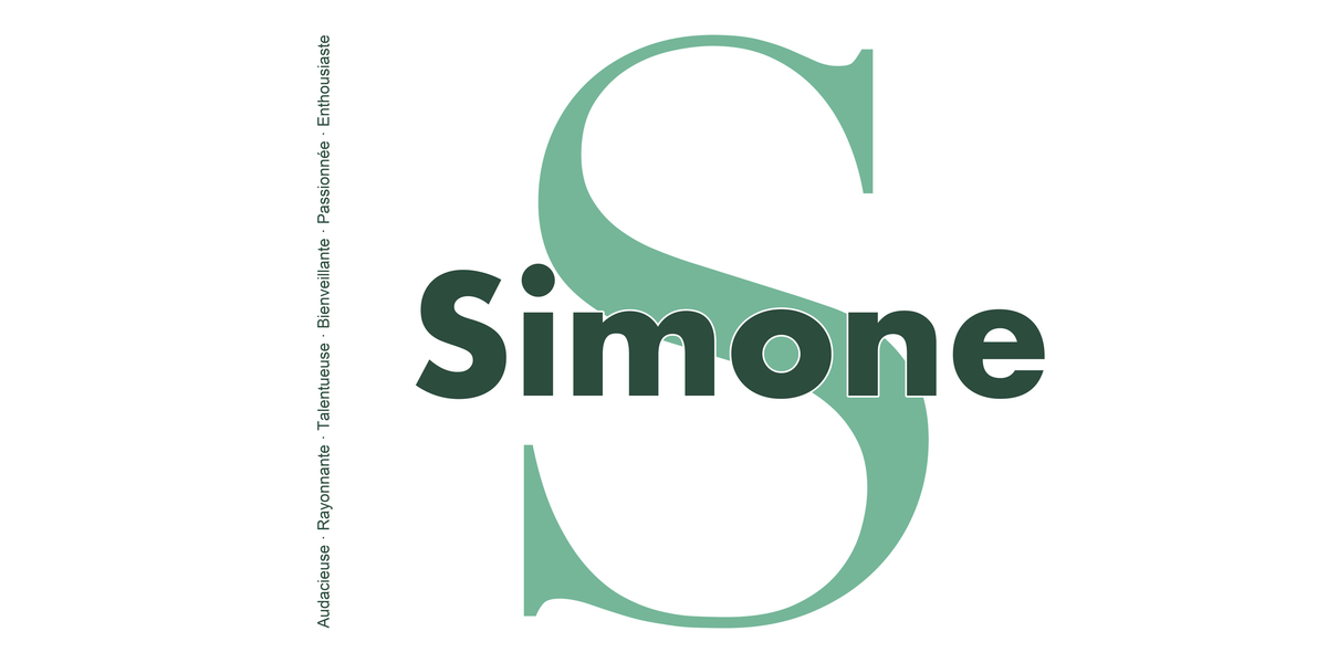 Visuel à plat du mug prénom Simone : initiale S pleine hauteur, prénom Simone centré et ligne verticale « Audacieuse · Rayonnante · Talentueuse · Bienveillante · Passionnée · Enthousiaste »