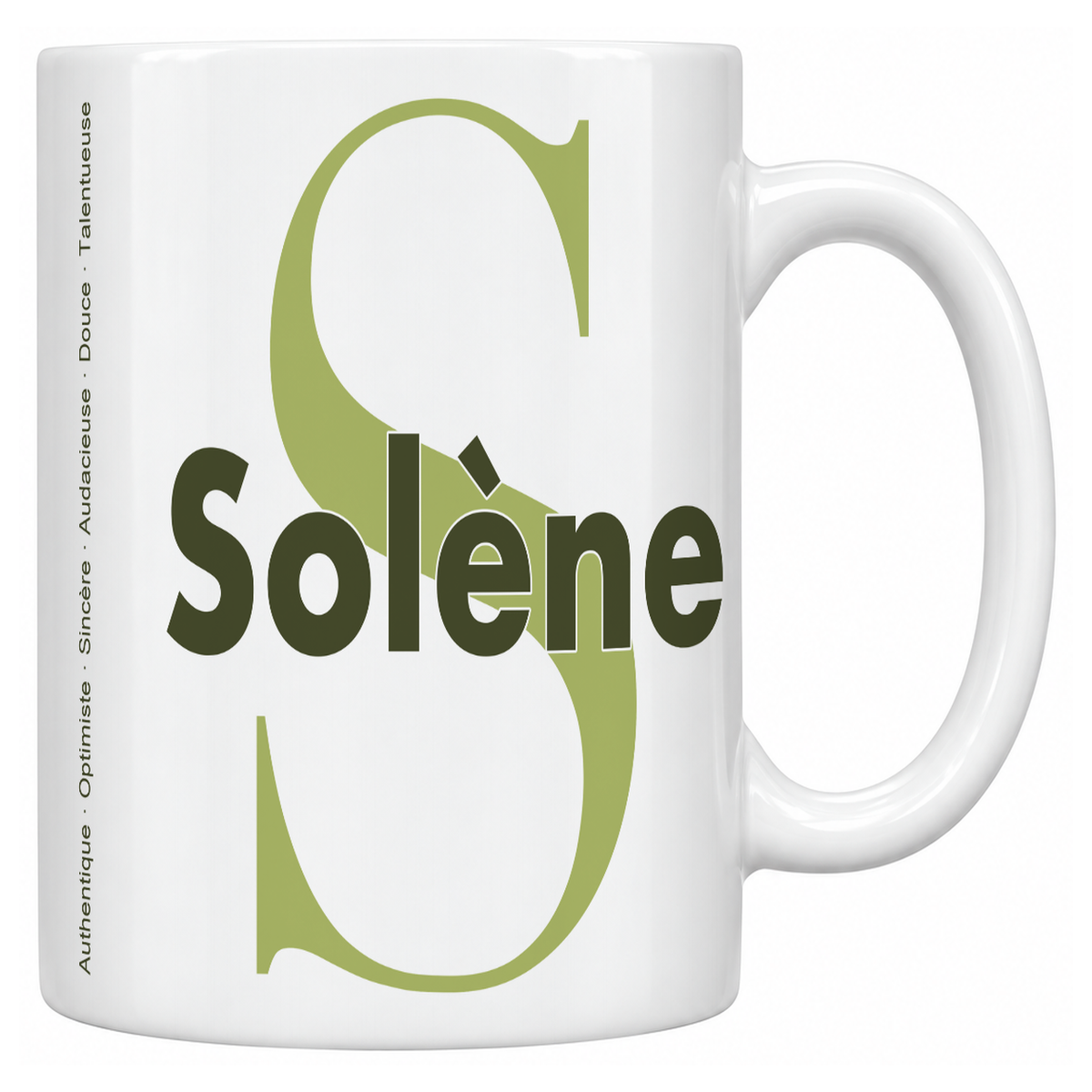 Mug blanc céramique 330 ml prénom Solène : grande initiale S, prénom Solène en lettres bold et six qualités verticales sur le côté