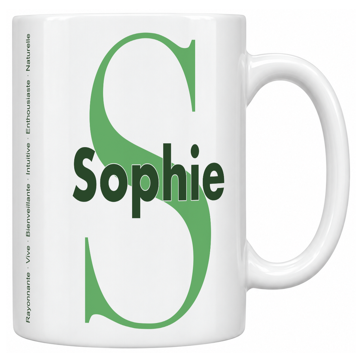 Mug blanc céramique 330 ml prénom Sophie : grande initiale S, prénom Sophie en lettres bold et six qualités verticales sur le côté
