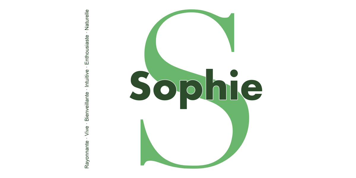 Visuel à plat du mug prénom Sophie : initiale S pleine hauteur, prénom Sophie centré et ligne verticale « Rayonnante · Vive · Bienveillante · Intuitive · Enthousiaste · Naturelle »