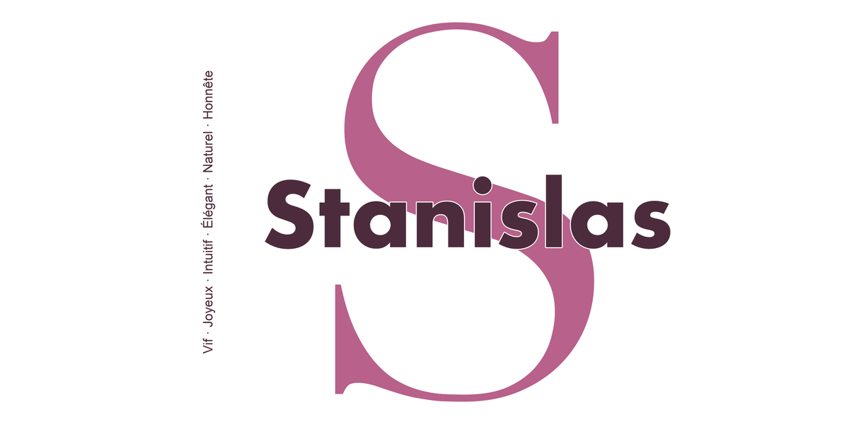 Visuel à plat du mug prénom Stanislas : initiale S pleine hauteur, prénom Stanislas centré et ligne verticale « Vif · Joyeux · Intuitif · Élégant · Naturel · Honnête »