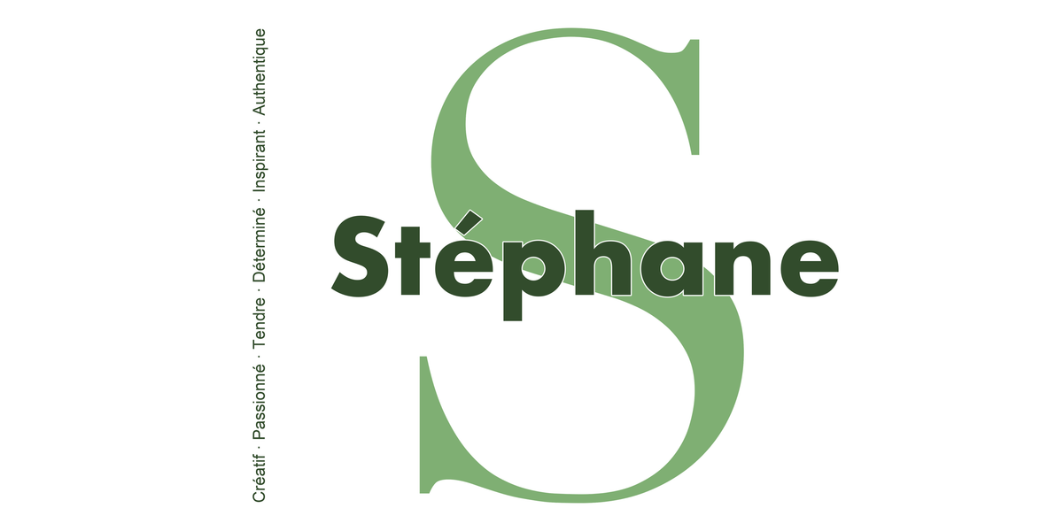 Visuel à plat du mug prénom Stéphane : initiale S pleine hauteur, prénom Stéphane centré et ligne verticale « Créatif · Passionné · Tendre · Déterminé · Inspirant · Authentique »