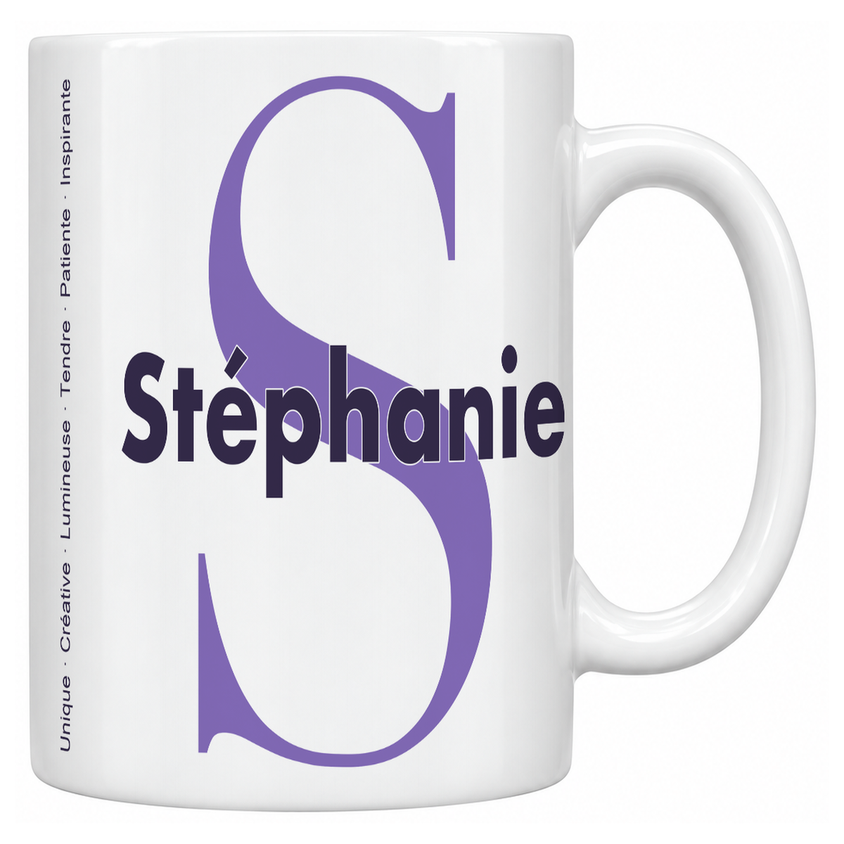 Mug blanc céramique 330 ml prénom Stéphanie : grande initiale S, prénom Stéphanie en lettres bold et six qualités verticales sur le côté
