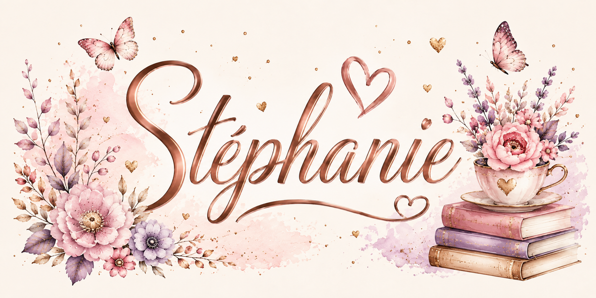 Visuel prénom Stéphanie : script rose gold, pivoines poudrées, papillons et pile de livres anciens