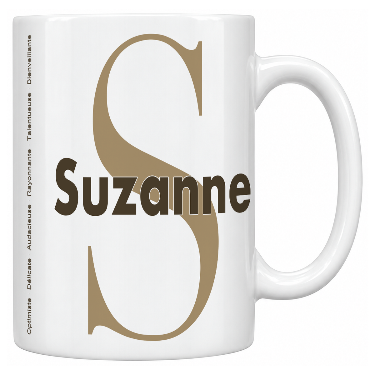 Mug blanc céramique 330 ml prénom Suzanne : grande initiale S, prénom Suzanne en lettres bold et six qualités verticales sur le côté