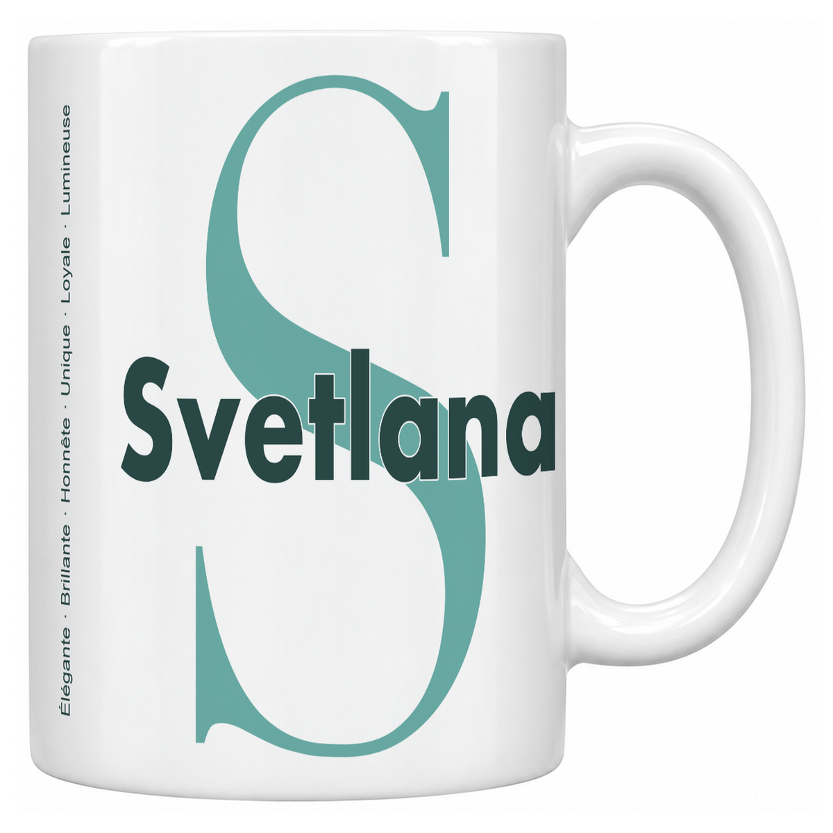 Mug blanc céramique 330 ml prénom Svetlana : grande initiale S, prénom Svetlana en lettres bold et six qualités verticales sur le côté
