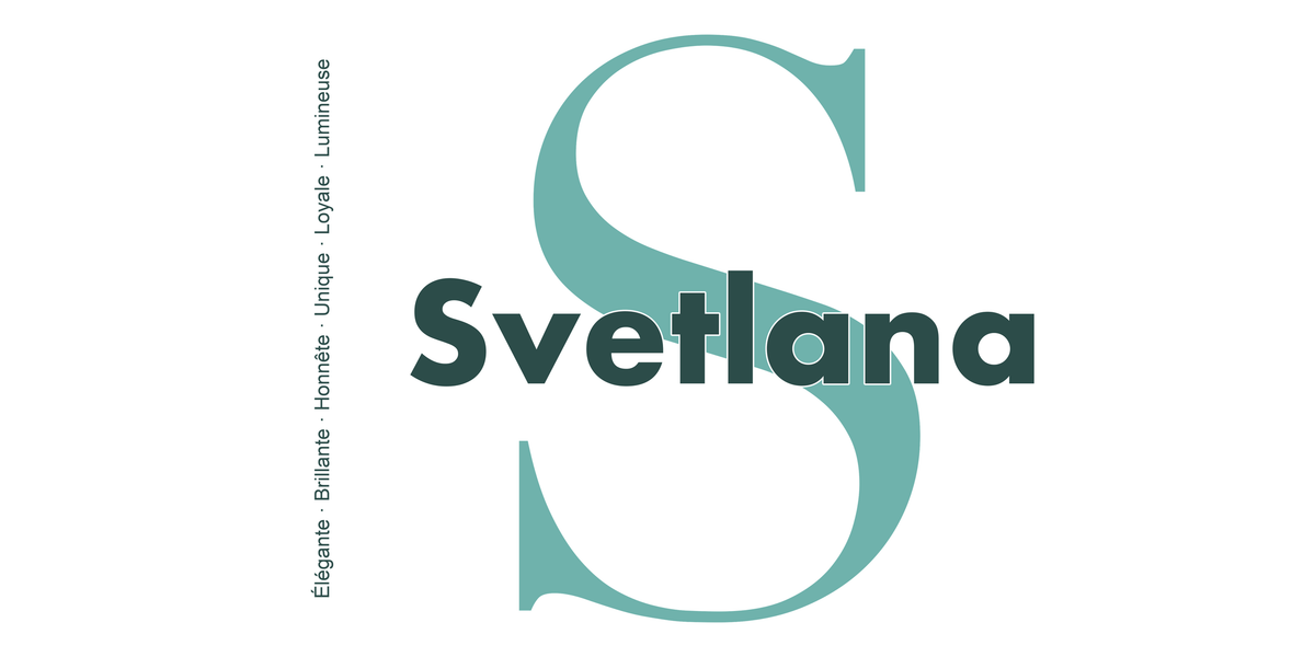 Visuel à plat du mug prénom Svetlana : initiale S pleine hauteur, prénom Svetlana centré et ligne verticale « Élégante · Brillante · Honnête · Unique · Loyale · Lumineuse »