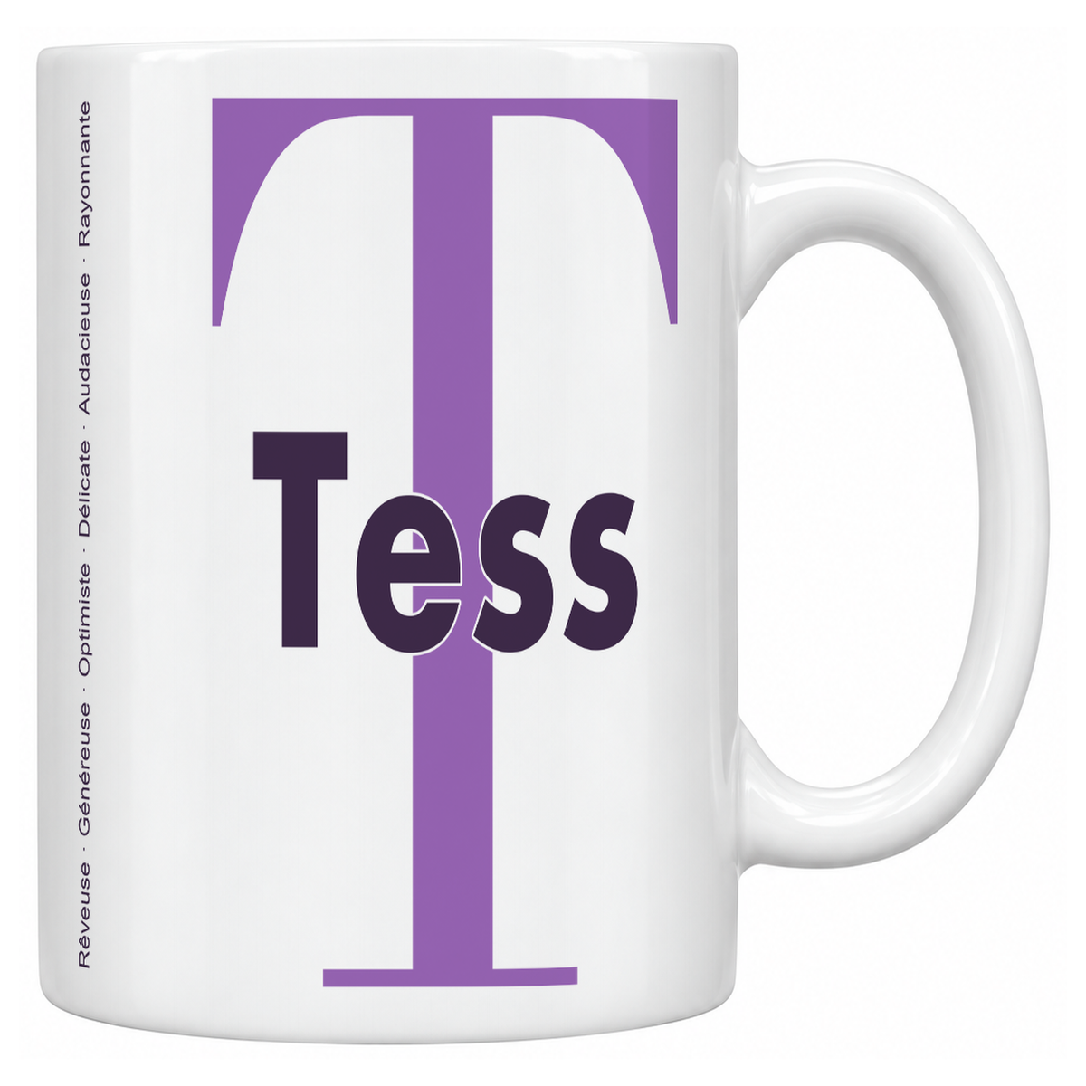 Mug blanc céramique 330 ml prénom Tess : grande initiale T, prénom Tess en lettres bold et six qualités verticales sur le côté