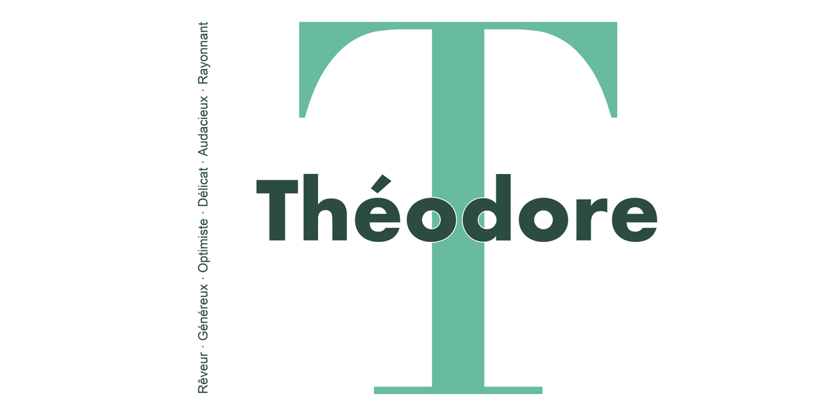 Visuel à plat du mug prénom Théodore : initiale T pleine hauteur, prénom Théodore centré et ligne verticale « Rêveur · Généreux · Optimiste · Délicat · Audacieux · Rayonnant »