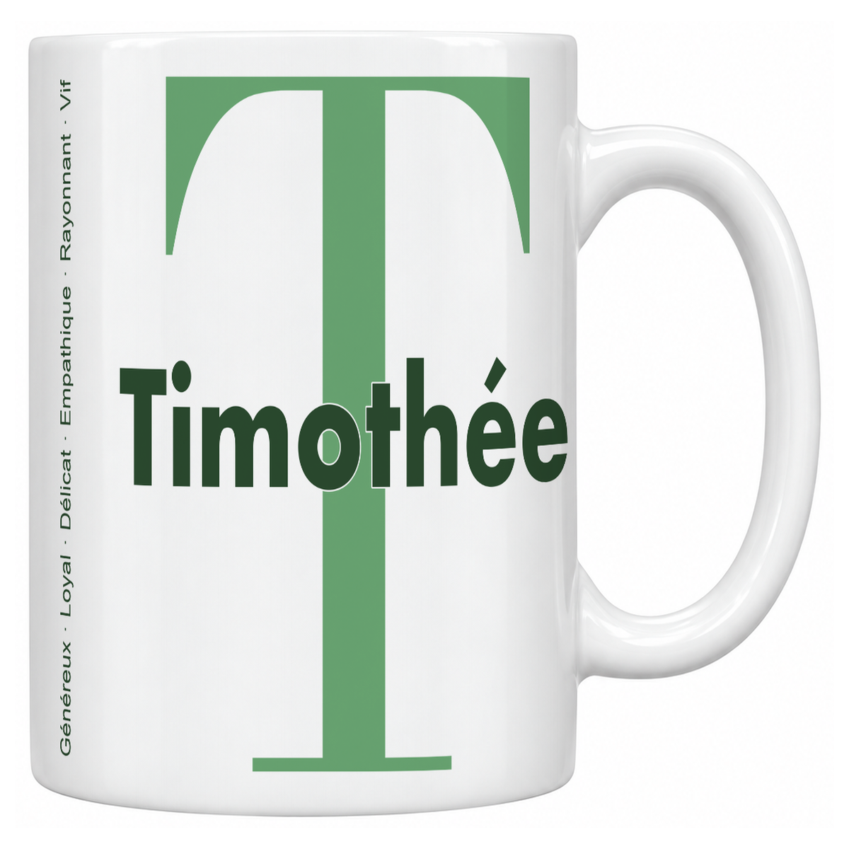 Mug blanc céramique 330 ml prénom Timothée : grande initiale T, prénom Timothée en lettres bold et six qualités verticales sur le côté