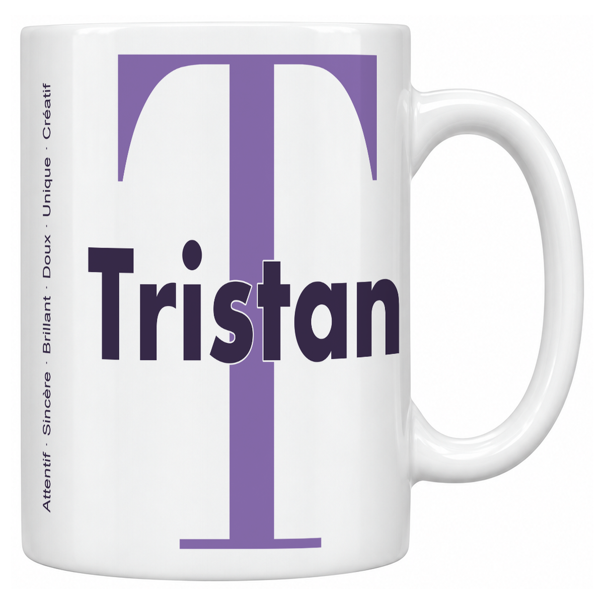 Mug blanc céramique 330 ml prénom Tristan : grande initiale T, prénom Tristan en lettres bold et six qualités verticales sur le côté