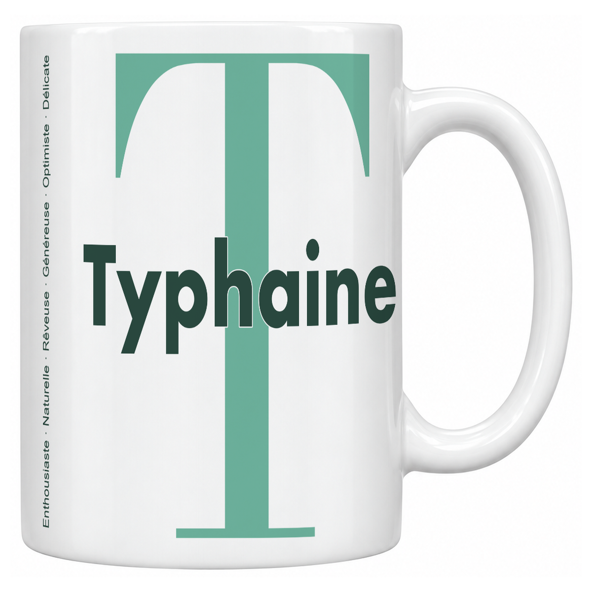 Mug blanc céramique 330 ml prénom Typhaine : grande initiale T, prénom Typhaine en lettres bold et six qualités verticales sur le côté