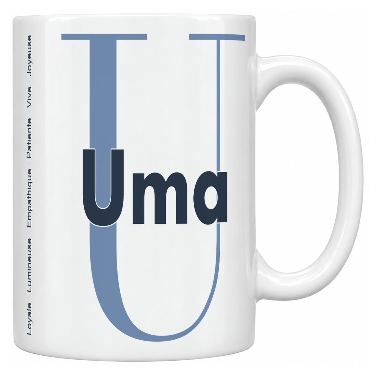 Mug blanc céramique 330 ml prénom Uma : grande initiale U, prénom Uma en lettres bold et six qualités verticales sur le côté