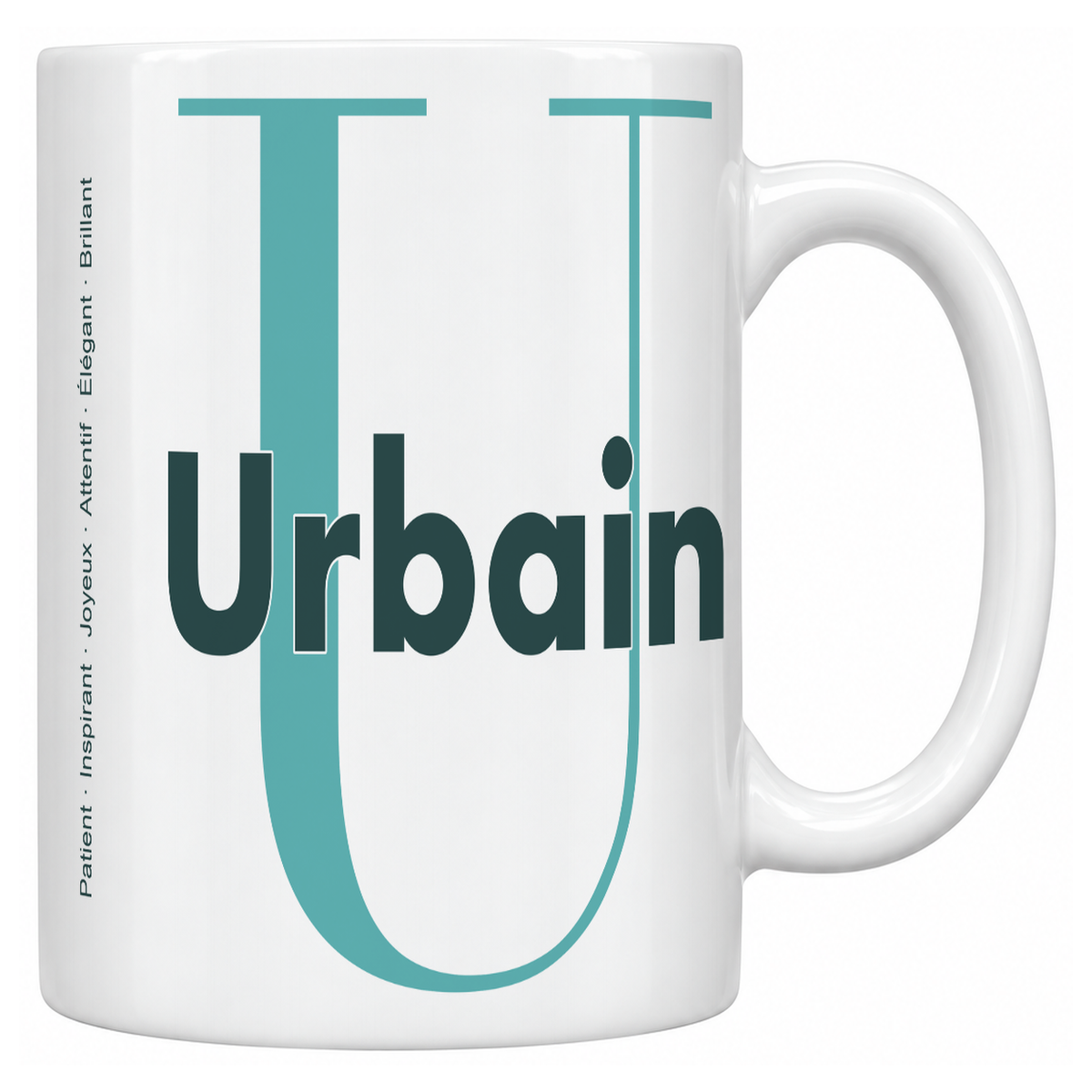 Mug blanc céramique 330 ml prénom Urbain : grande initiale U, prénom Urbain en lettres bold et six qualités verticales sur le côté