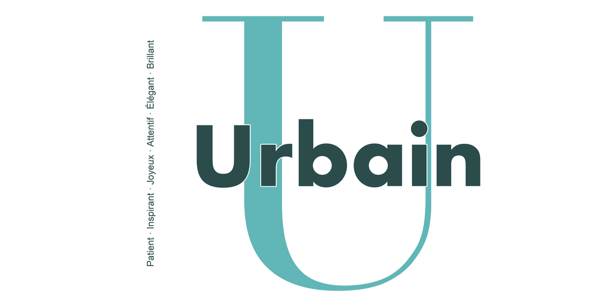 Visuel à plat du mug prénom Urbain : initiale U pleine hauteur, prénom Urbain centré et ligne verticale « Patient · Inspirant · Joyeux · Attentif · Élégant · Brillant »