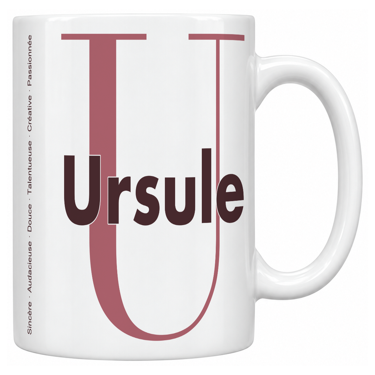 Mug blanc céramique 330 ml prénom Ursule : grande initiale U, prénom Ursule en lettres bold et six qualités verticales sur le côté
