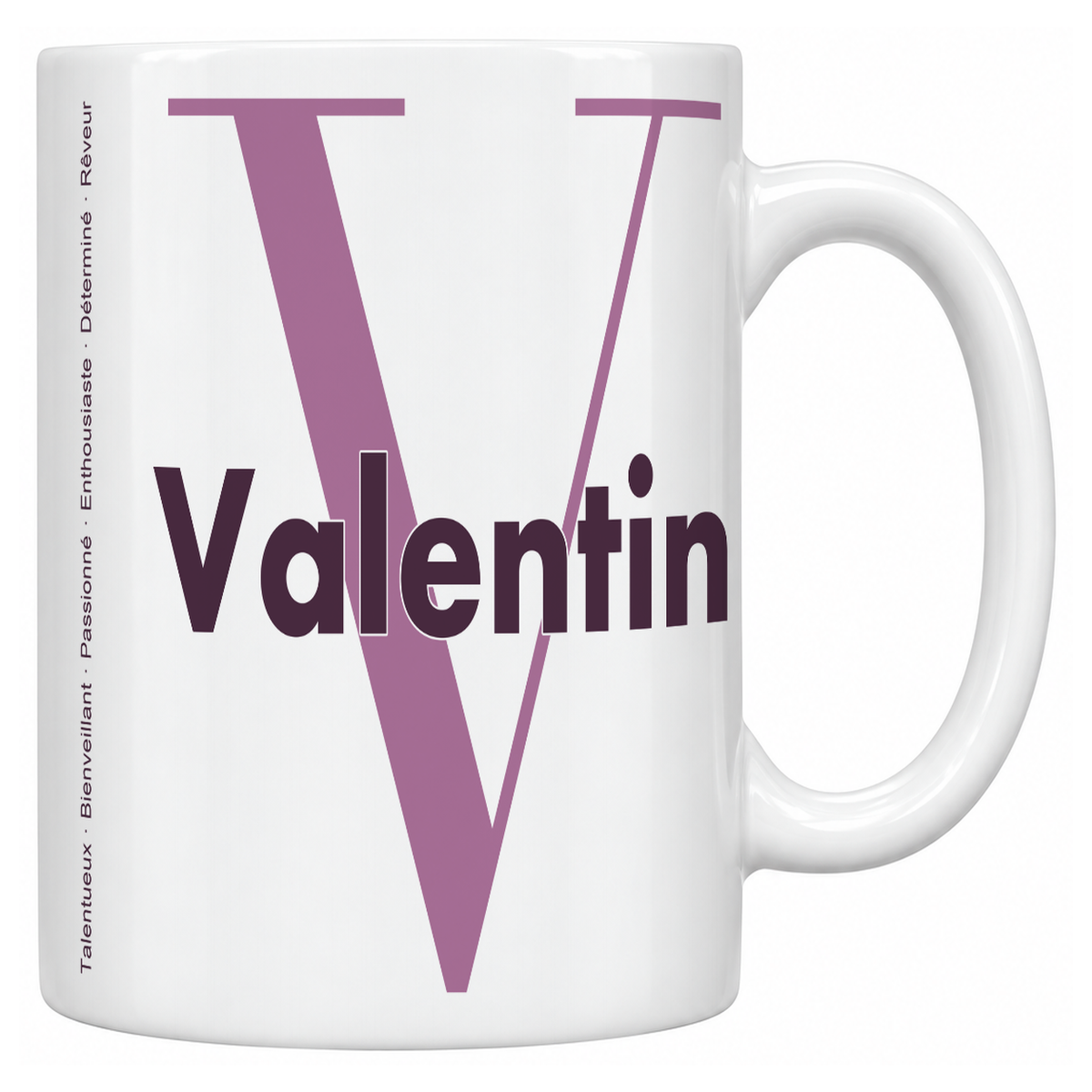 Mug blanc céramique 330 ml prénom Valentin : grande initiale V, prénom Valentin en lettres bold et six qualités verticales sur le côté