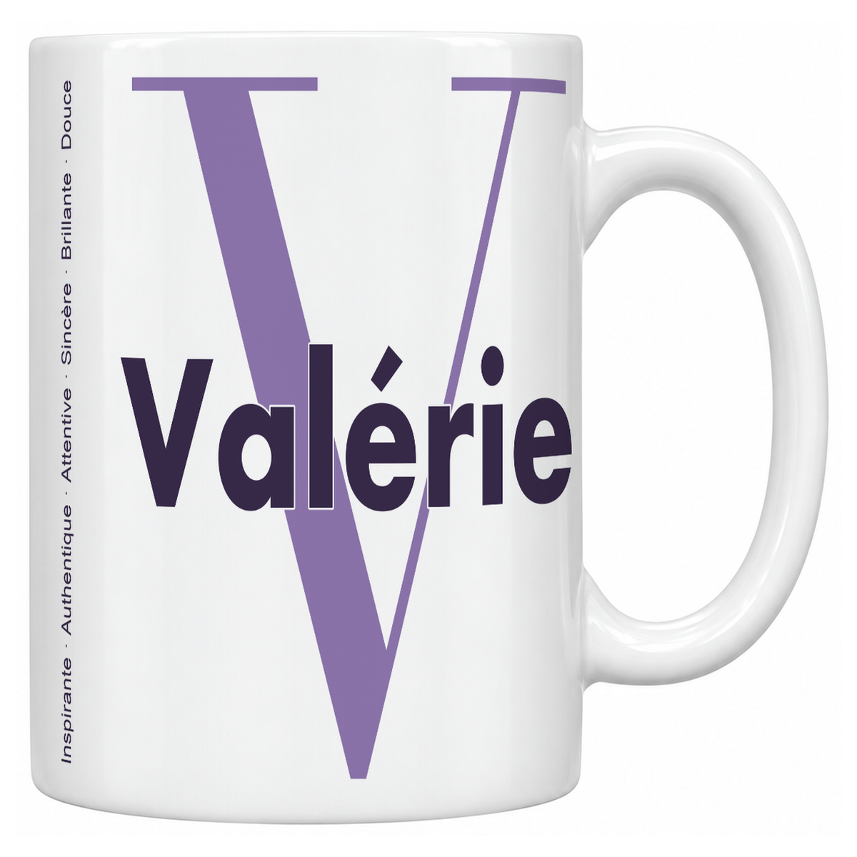 Mug blanc céramique 330 ml prénom Valérie : grande initiale V, prénom Valérie en lettres bold et six qualités verticales sur le côté