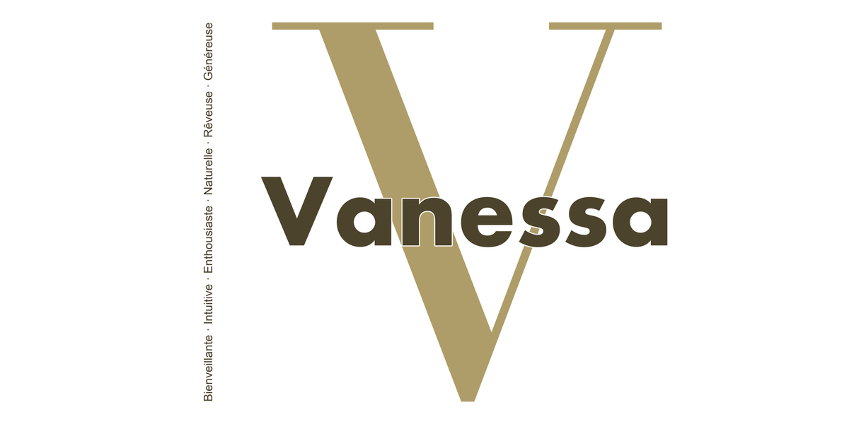 Visuel à plat du mug prénom Vanessa : initiale V pleine hauteur, prénom Vanessa centré et ligne verticale « Bienveillante · Intuitive · Enthousiaste · Naturelle · Rêveuse · Généreuse »