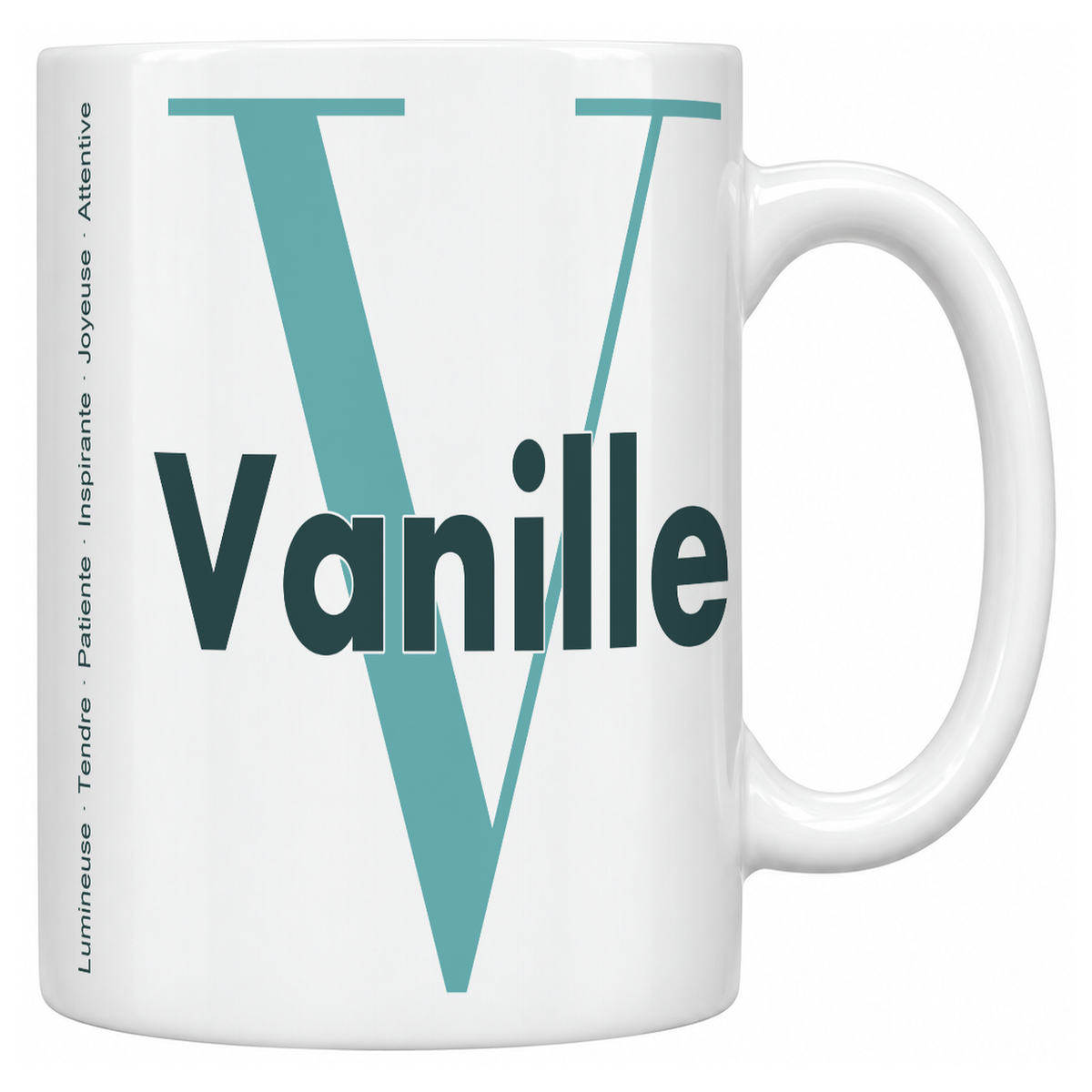 Mug blanc céramique 330 ml prénom Vanille : grande initiale V, prénom Vanille en lettres bold et six qualités verticales sur le côté