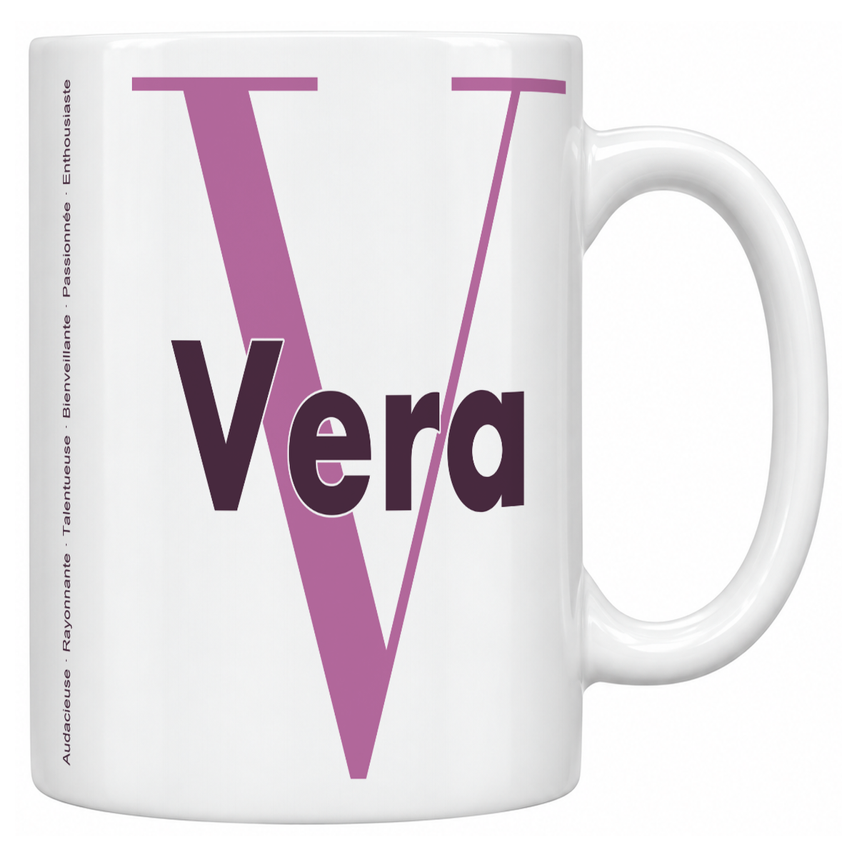 Mug blanc céramique 330 ml prénom Vera : grande initiale V, prénom Vera en lettres bold et six qualités verticales sur le côté