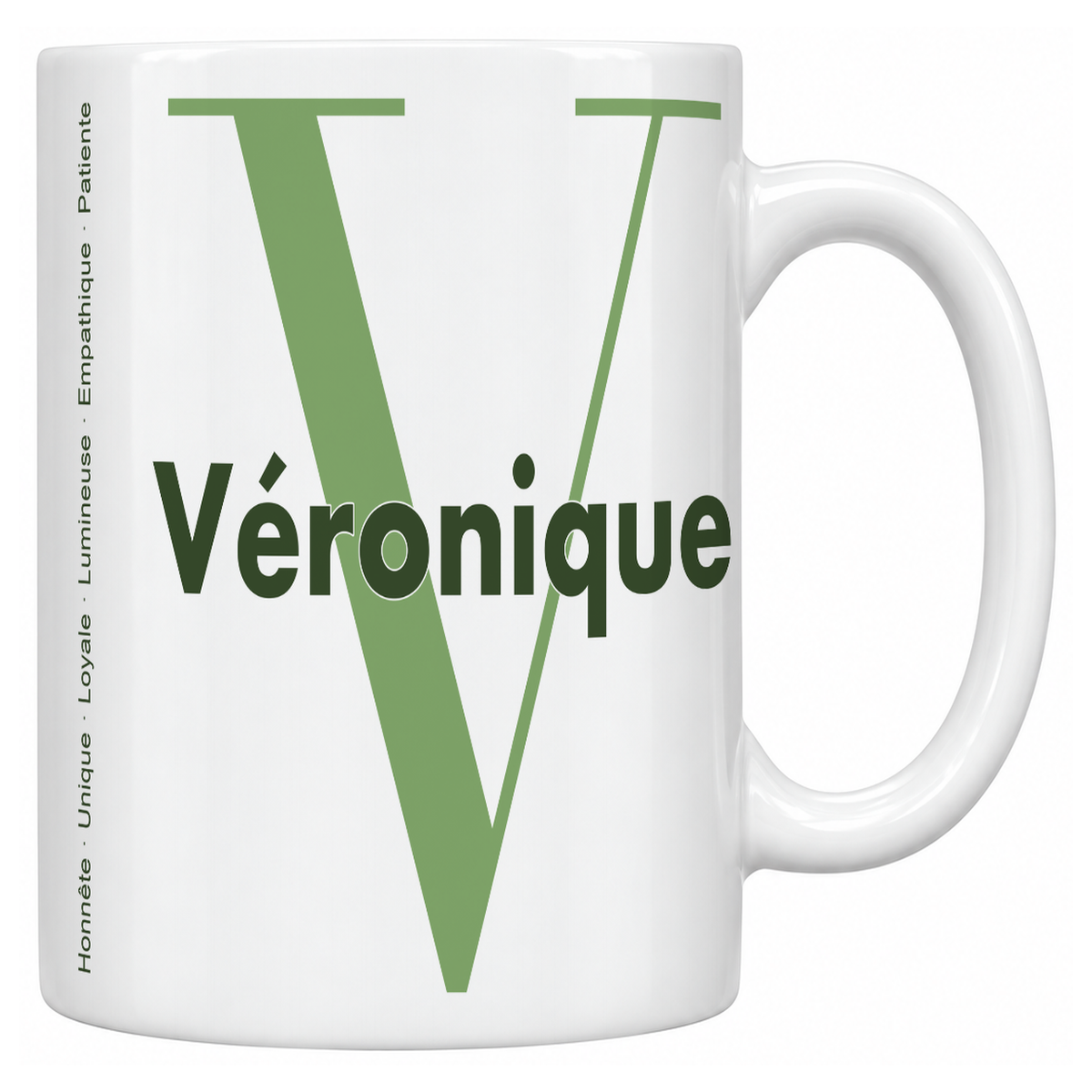Mug blanc céramique 330 ml prénom Véronique : grande initiale V, prénom Véronique en lettres bold et six qualités verticales sur le côté