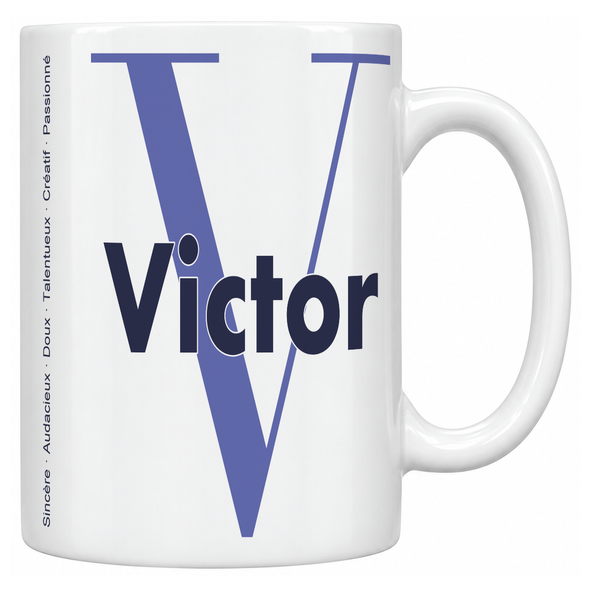 Mug blanc céramique 330 ml prénom Victor : grande initiale V, prénom Victor en lettres bold et six qualités verticales sur le côté
