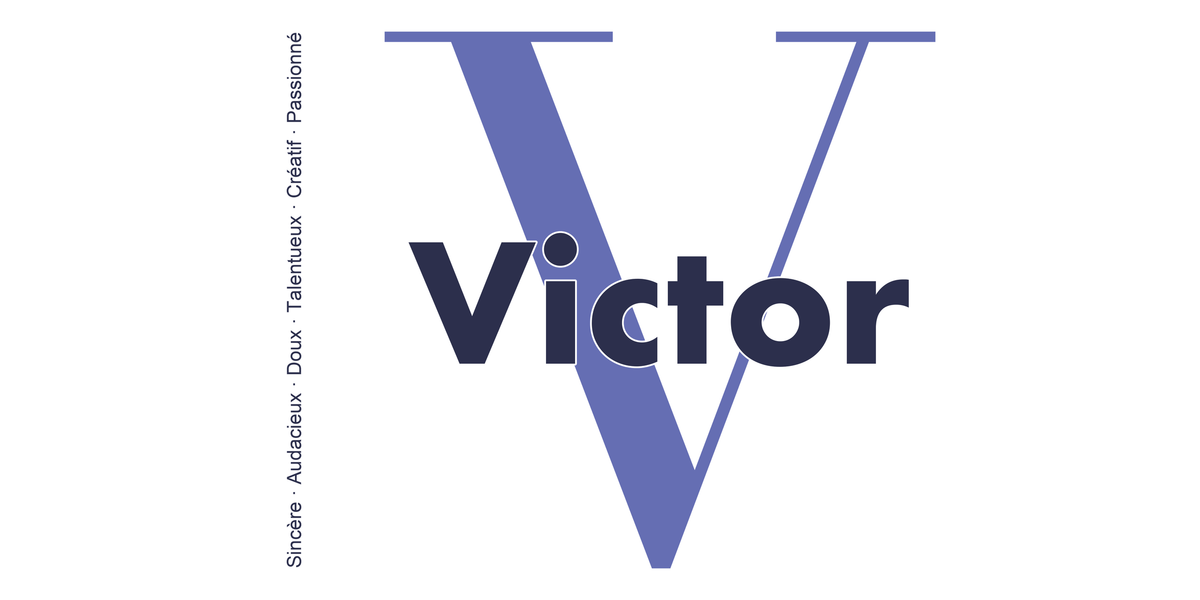 Visuel à plat du mug prénom Victor : initiale V pleine hauteur, prénom Victor centré et ligne verticale « Sincère · Audacieux · Doux · Talentueux · Créatif · Passionné »