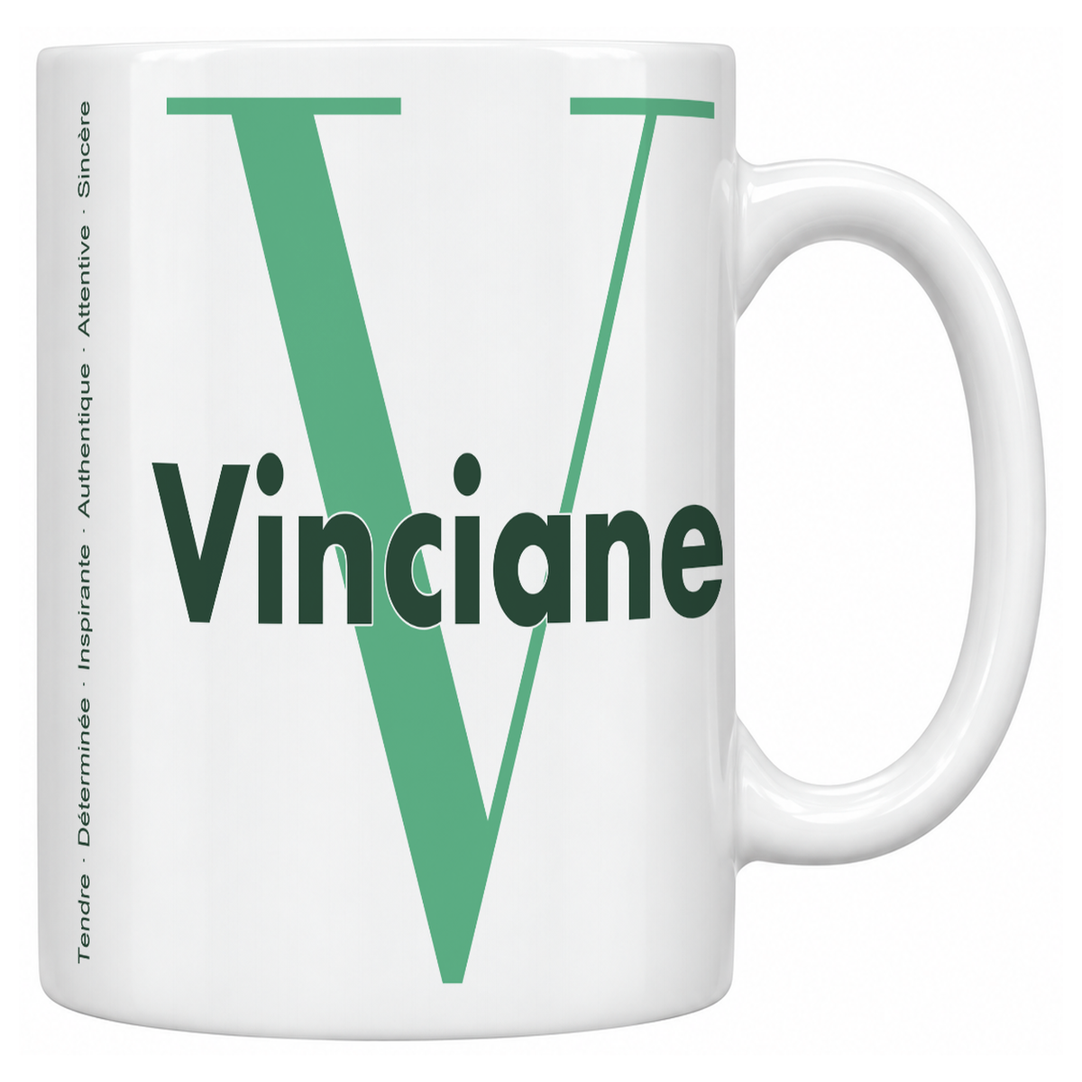 Mug blanc céramique 330 ml prénom Vinciane : grande initiale V, prénom Vinciane en lettres bold et six qualités verticales sur le côté