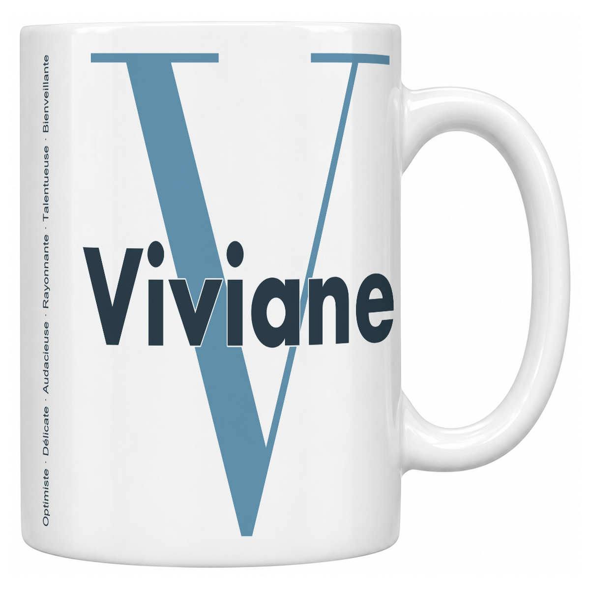 Mug blanc céramique 330 ml prénom Viviane : grande initiale V, prénom Viviane en lettres bold et six qualités verticales sur le côté