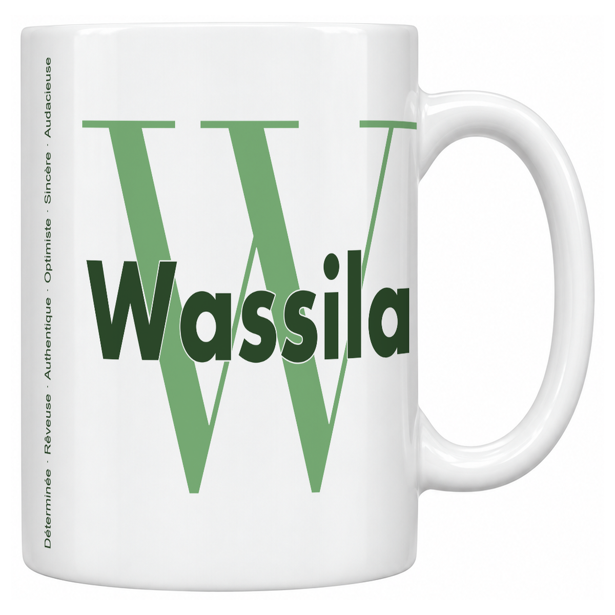Mug blanc céramique 330 ml prénom Wassila : grande initiale W, prénom Wassila en lettres bold et six qualités verticales sur le côté