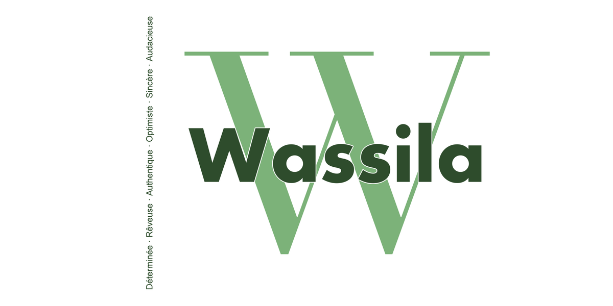 Visuel à plat du mug prénom Wassila : initiale W pleine hauteur, prénom Wassila centré et ligne verticale « Déterminée · Rêveuse · Authentique · Optimiste · Sincère · Audacieuse »