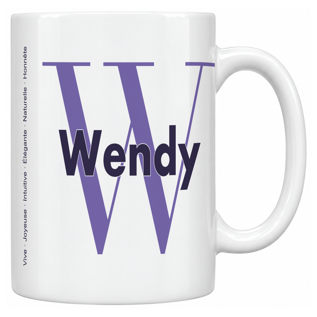 Mug blanc céramique 330 ml prénom Wendy : grande initiale W, prénom Wendy en lettres bold et six qualités verticales sur le côté