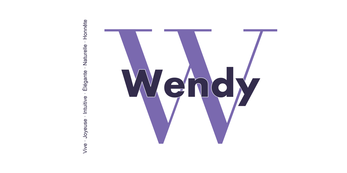 Visuel à plat du mug prénom Wendy : initiale W pleine hauteur, prénom Wendy centré et ligne verticale « Vive · Joyeuse · Intuitive · Élégante · Naturelle · Honnête »