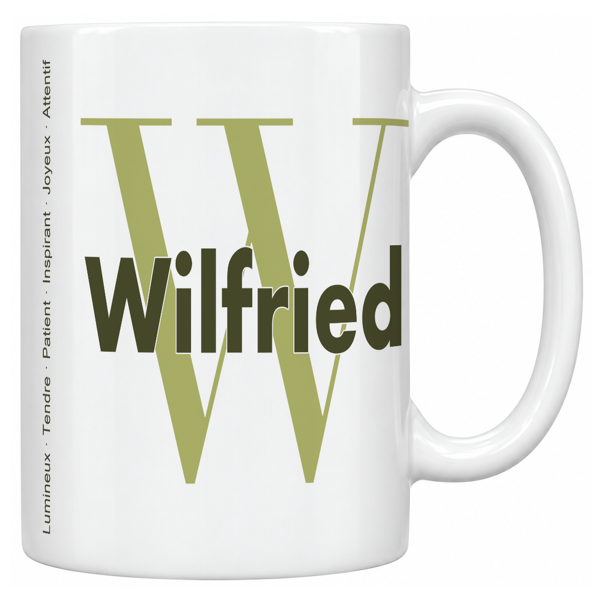 Mug blanc céramique 330 ml prénom Wilfried : grande initiale W, prénom Wilfried en lettres bold et six qualités verticales sur le côté