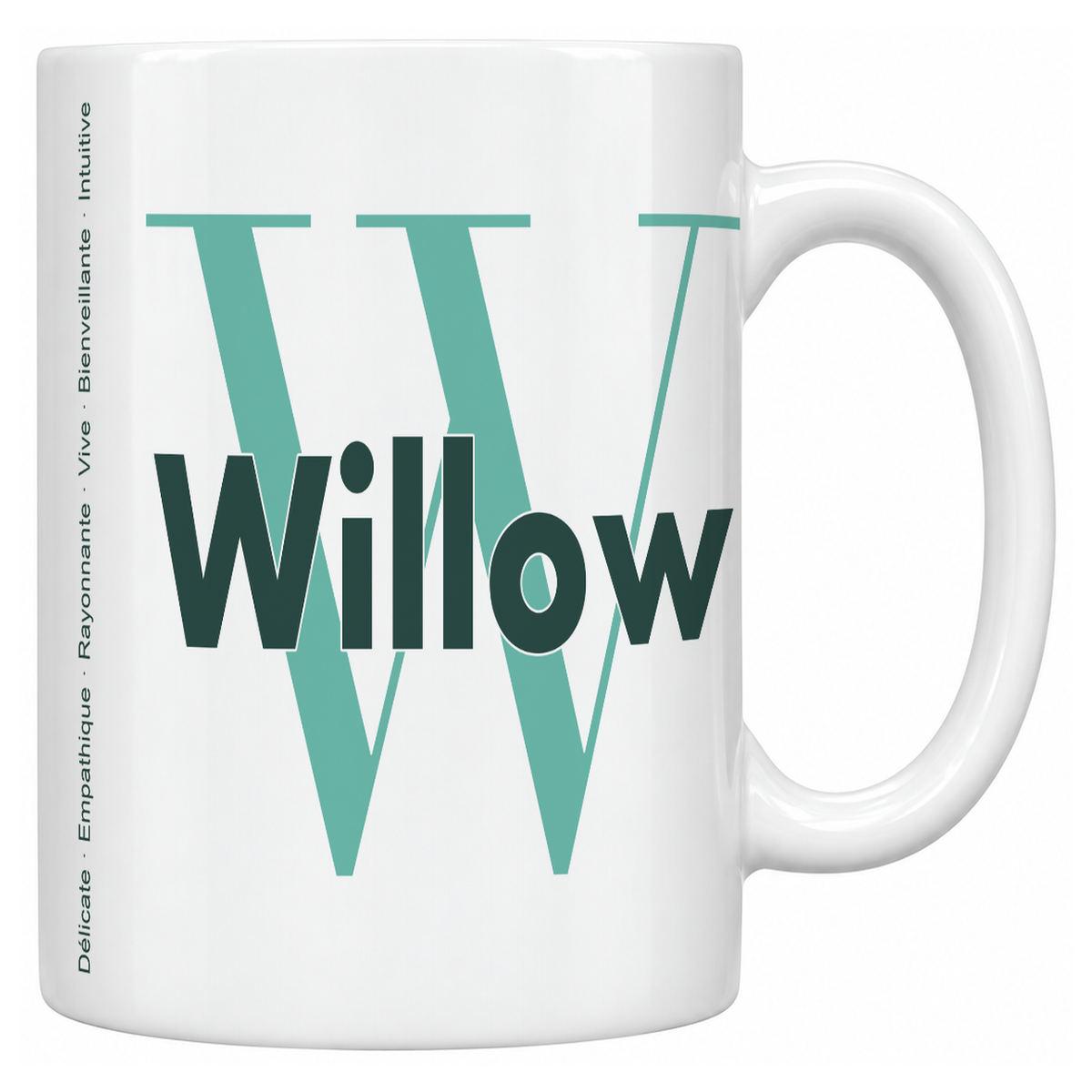 Mug blanc céramique 330 ml prénom Willow : grande initiale W, prénom Willow en lettres bold et six qualités verticales sur le côté