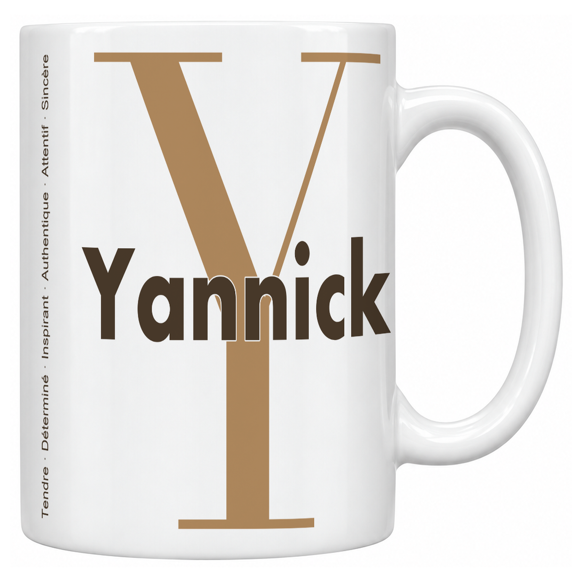 Mug blanc céramique 330 ml prénom Yannick : grande initiale Y, prénom Yannick en lettres bold et six qualités verticales sur le côté