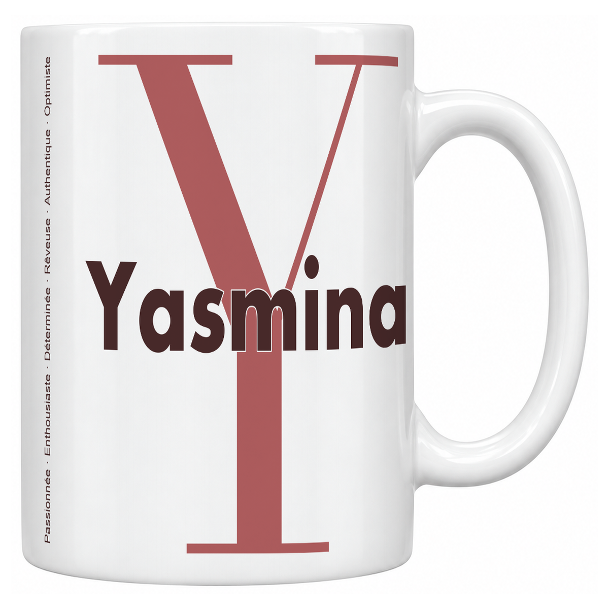 Mug blanc céramique 330 ml prénom Yasmina : grande initiale Y, prénom Yasmina en lettres bold et six qualités verticales sur le côté