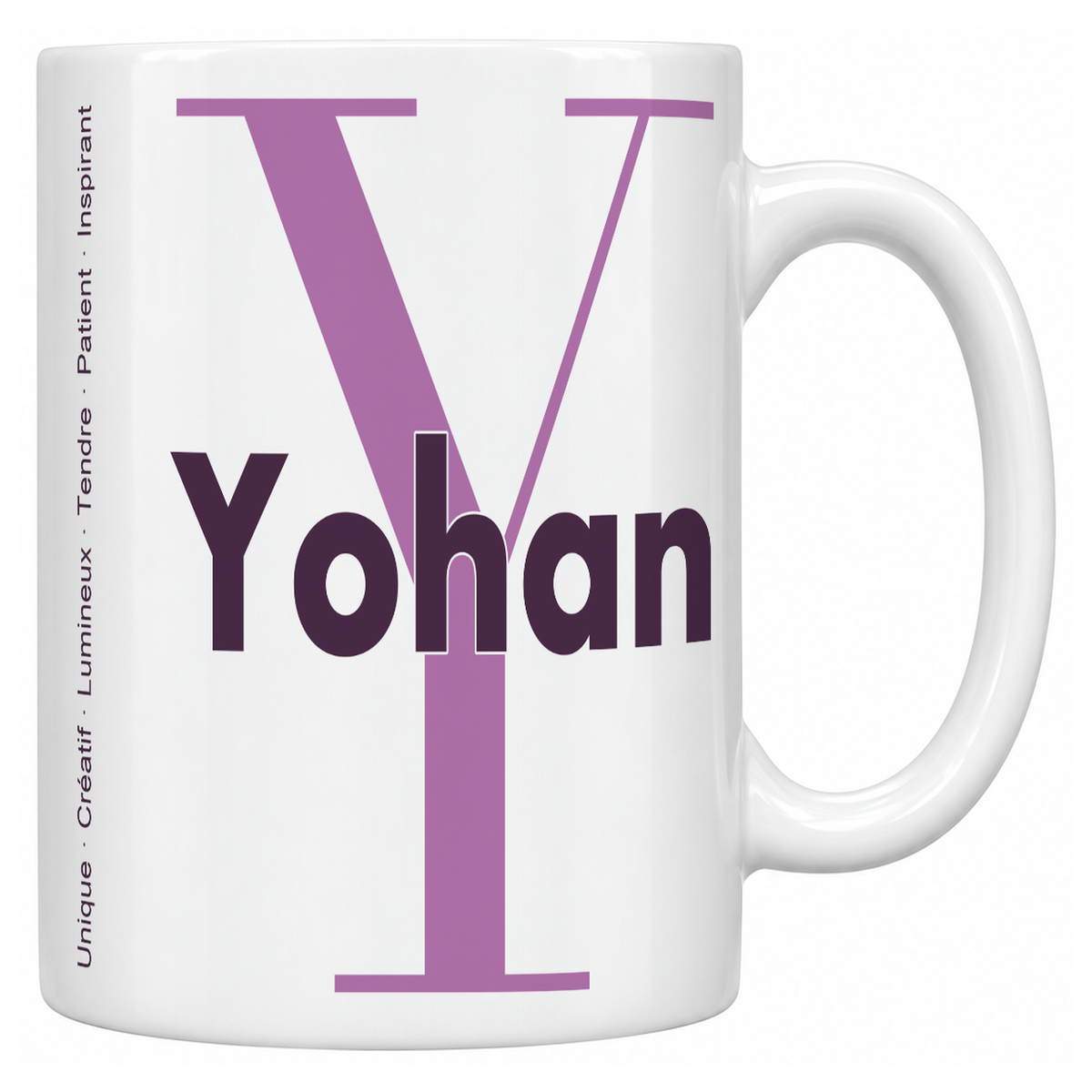 Mug blanc céramique 330 ml prénom Yohan : grande initiale Y, prénom Yohan en lettres bold et six qualités verticales sur le côté