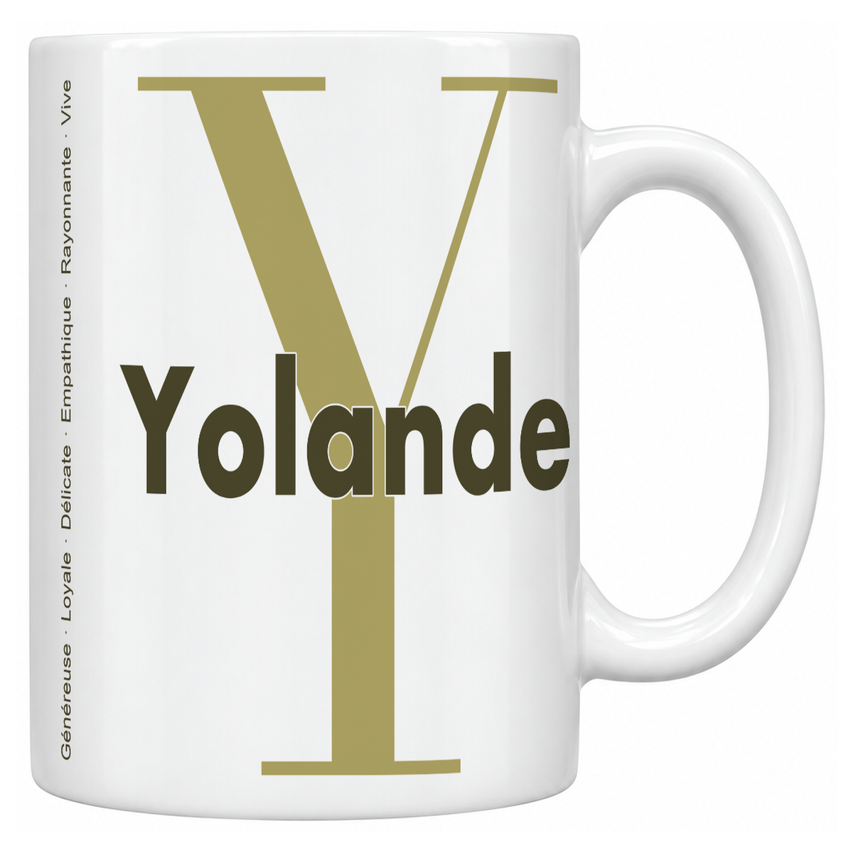 Mug blanc céramique 330 ml prénom Yolande : grande initiale Y, prénom Yolande en lettres bold et six qualités verticales sur le côté