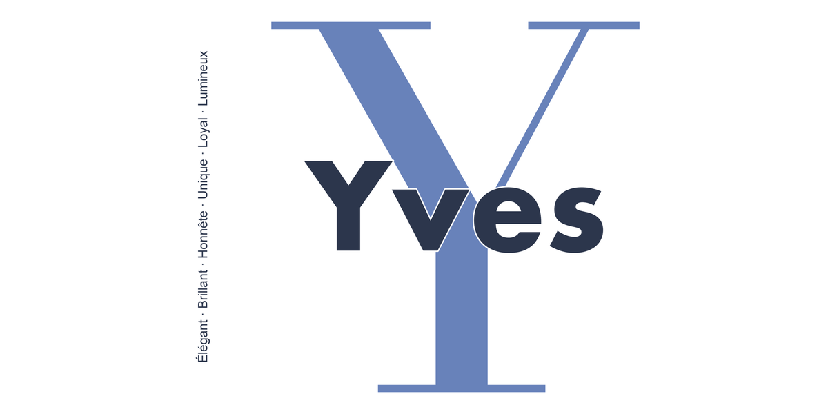 Visuel à plat du mug prénom Yves : initiale Y pleine hauteur, prénom Yves centré et ligne verticale « Élégant · Brillant · Honnête · Unique · Loyal · Lumineux »